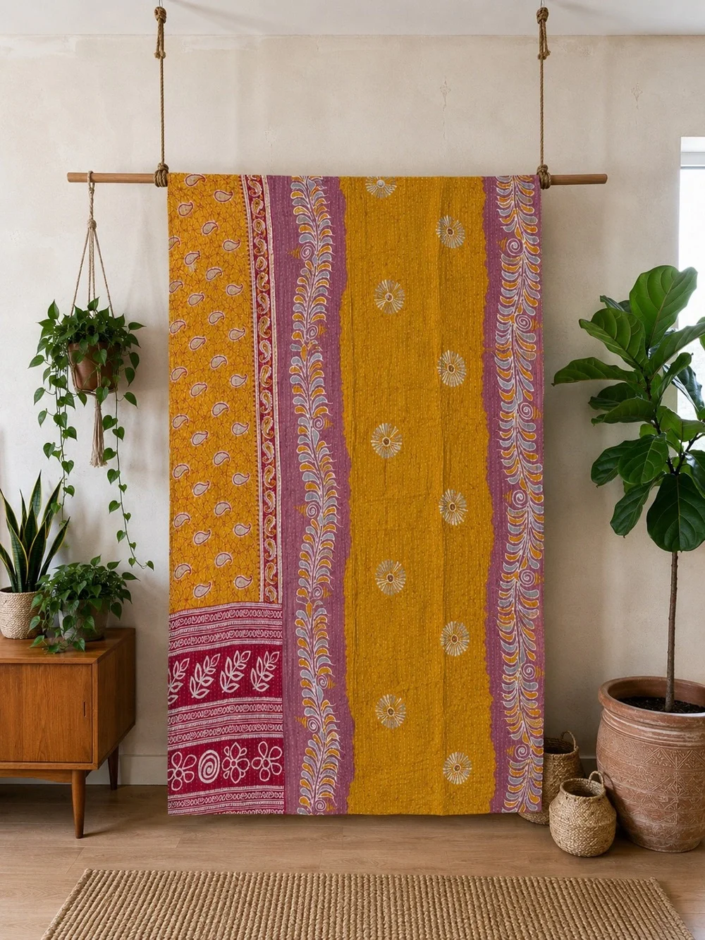 Handmade Reversible Indian Vintage Twin Size Kantha Quilt